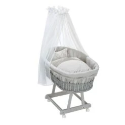 Alvi Birthe Stubenwagen Silbergrau Komplettset Matratze, Himmelstange Und Garnitur Aqua Dot