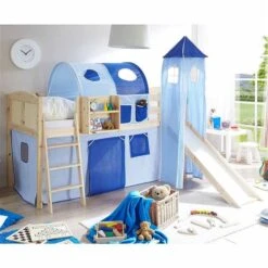 Ticaa Ekki Rutschbett Mit Turm Kiefer Natur Massivholz - Vorhang-Dessin Wählbar