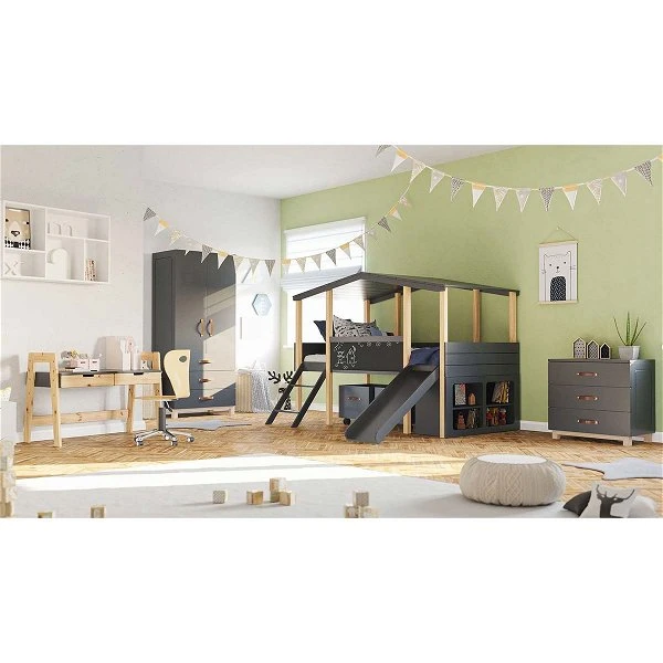 Nature Kid Cory Kinderzimmer Anthrazit 8-teilig Mit Hausbett 90 X 200 Cm, Dach & Schreibtisch 1 Nature Kid Cory Kinderzimmer Anthrazit 8-teilig Mit Hausbett 90 X 200 Cm, Dach & Schreibtisch