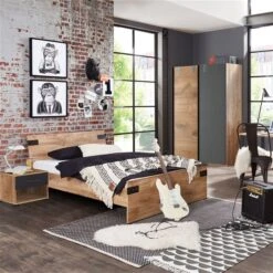 Wimex Liverpool Jugendzimmer 3-teilig Schiebeschrank Bett 90cm Plankeneiche / Graphit